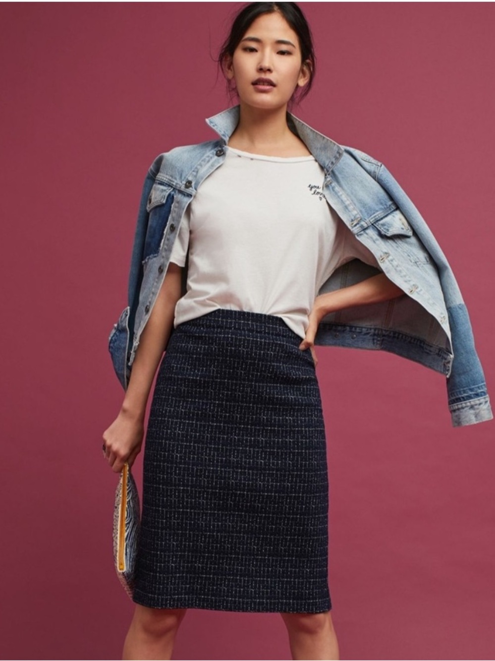 Anthro Maeve Stretch Knit Pencil Skirt Sz medium blue hatch textured back zip